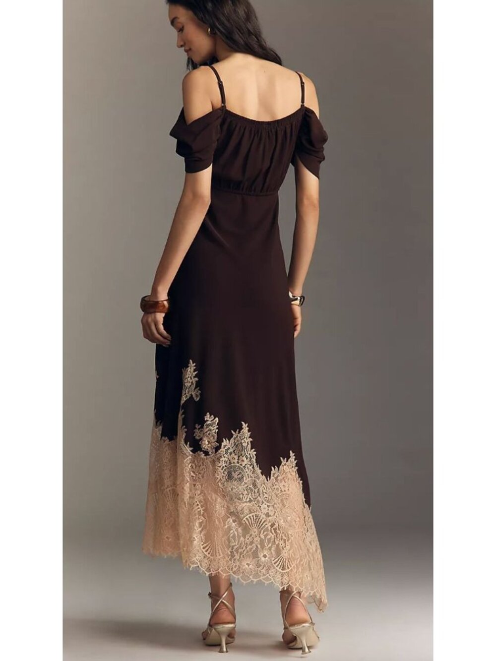 Anthropologie Bl-nk Satin Off-Shoulder Lace Slip Midi Dress Size XS Y2K 90s - Picture 2 of 7